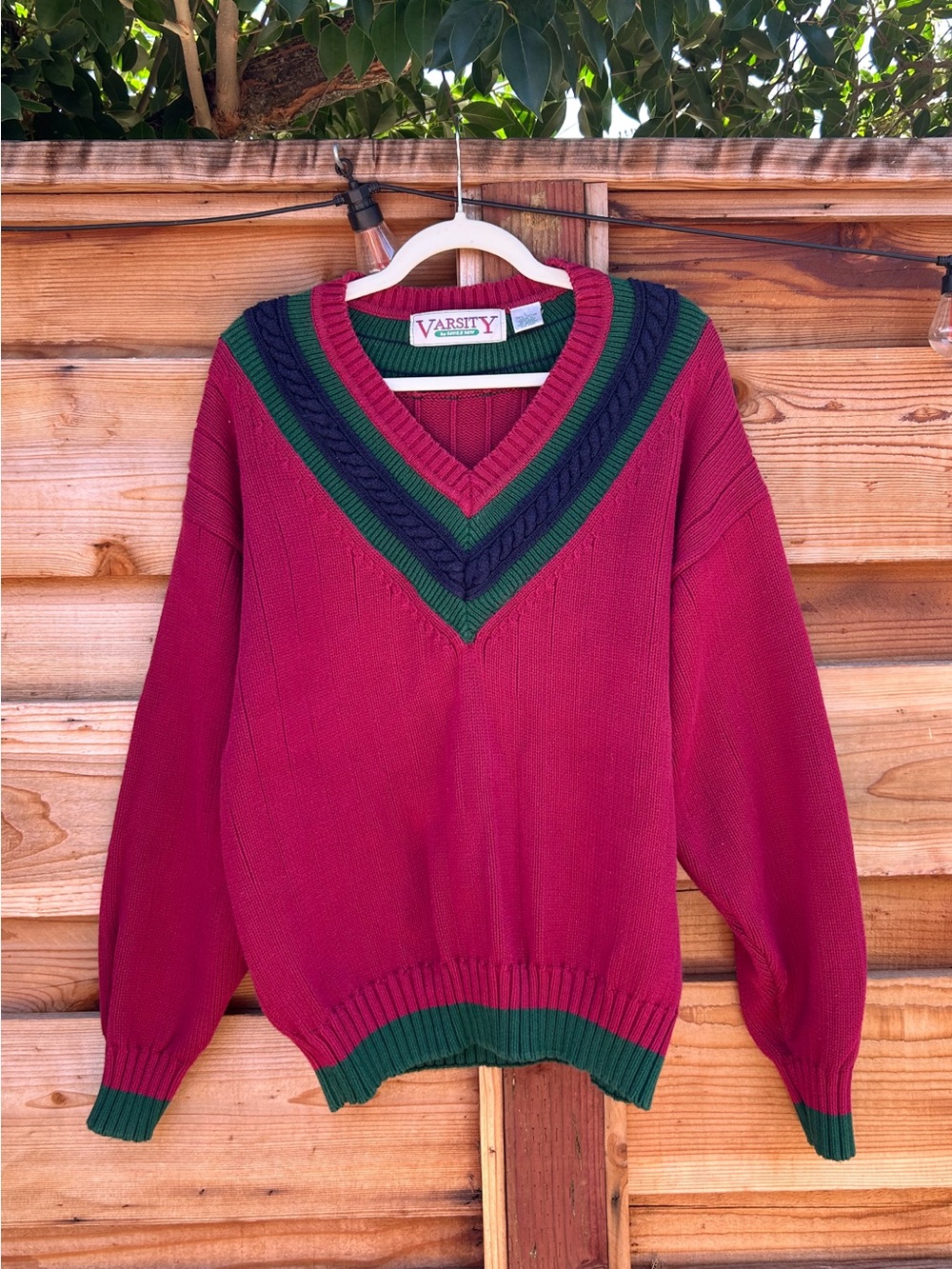 Vintage 90s Varsity by Savile Row Red 100% Cotton Chunky Grandpa Sweater Large